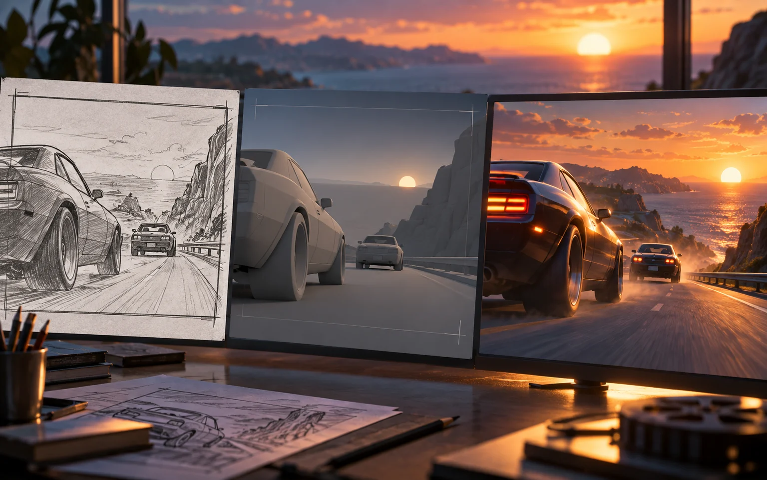 เฟรม storyboard โมเดล Blender และภาพแอนิเมชันสำเร็จใน pipeline เดียว