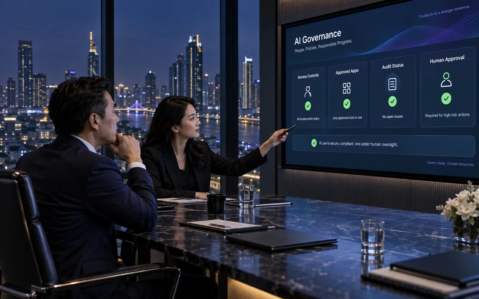 ผู้บริหารตรวจ Dashboard AI Governance สิทธิ์ แอป การ audit และ Human Approval