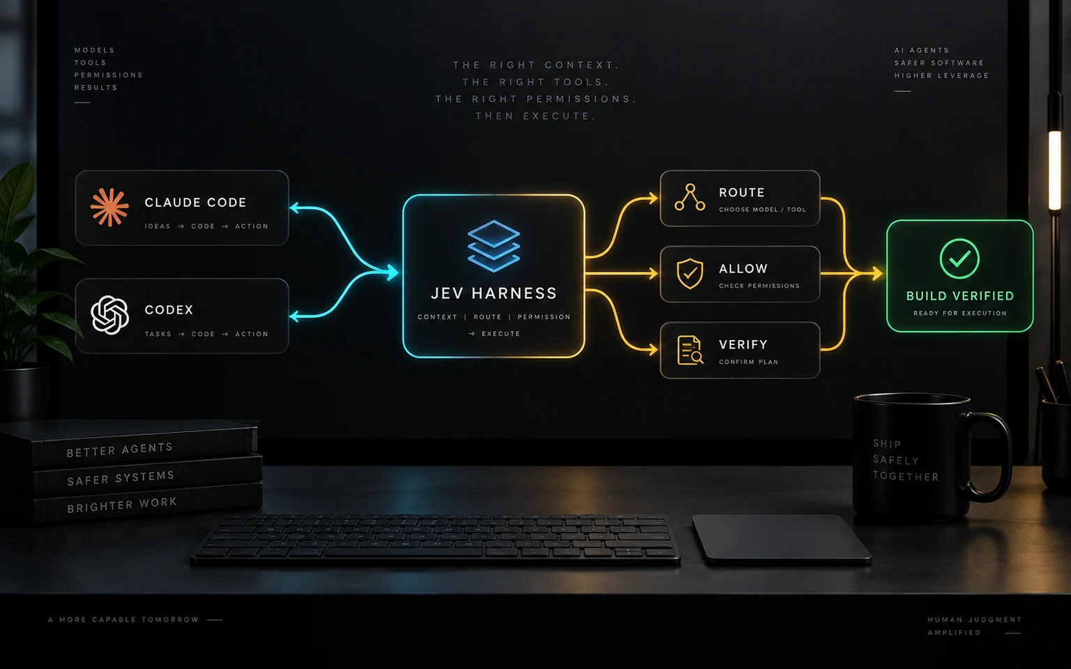 Claude Code และ Codex ผ่าน Jev Harness เพื่อ Route ตรวจ Permission และ Verify ก่อนรัน