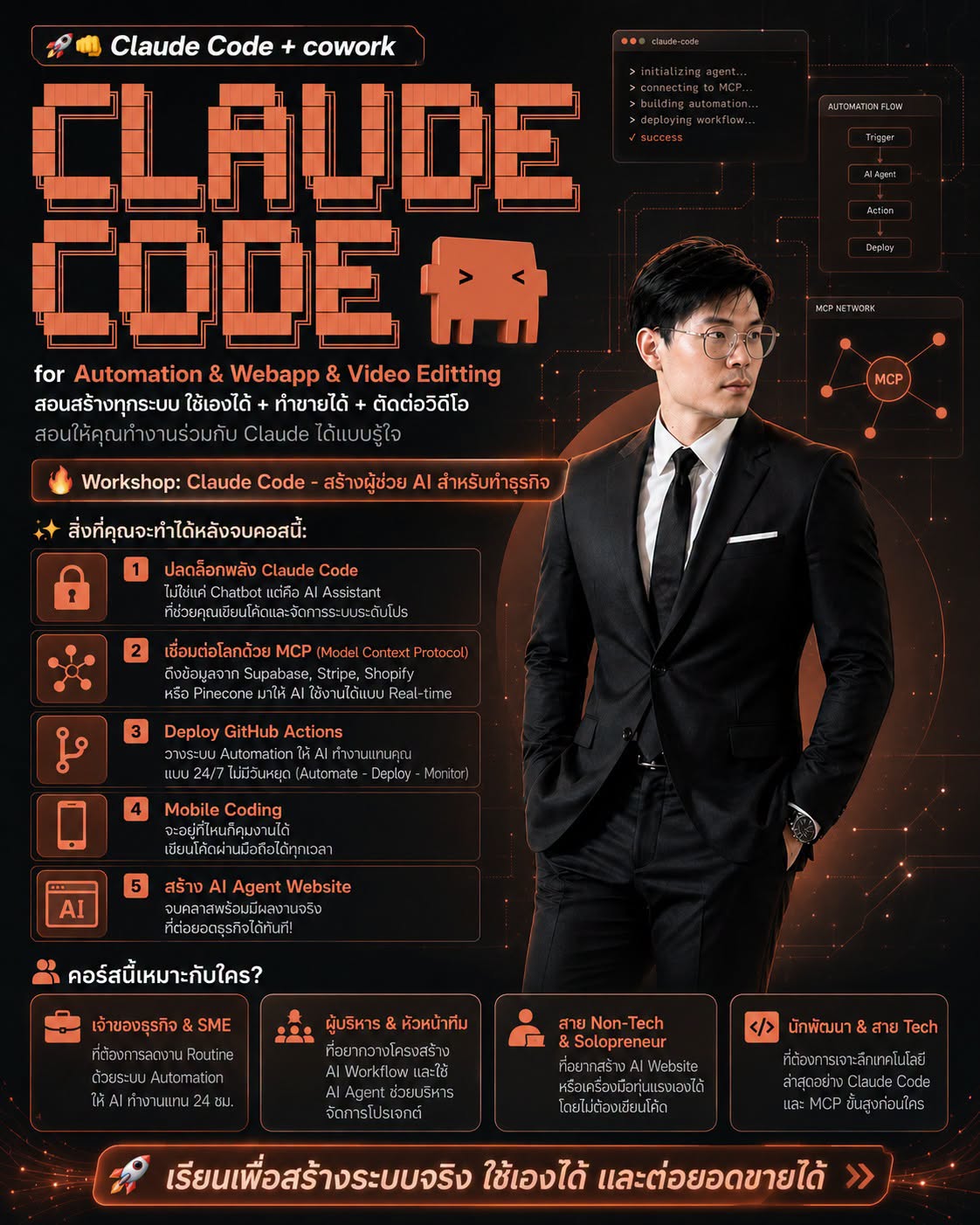 โปสเตอร์คอร์ส Claude Code + Cowork สำหรับ Automation, Web App และ Video Editing