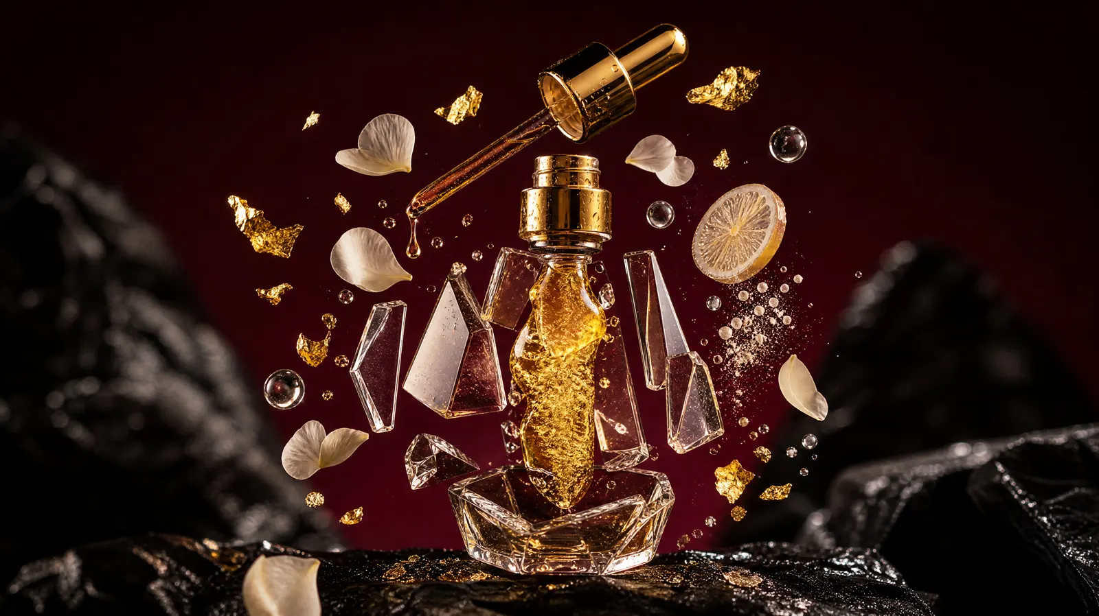 Exploded serum bottle with gold leaf, rose petals, citrus and hyaluronic spheres floating