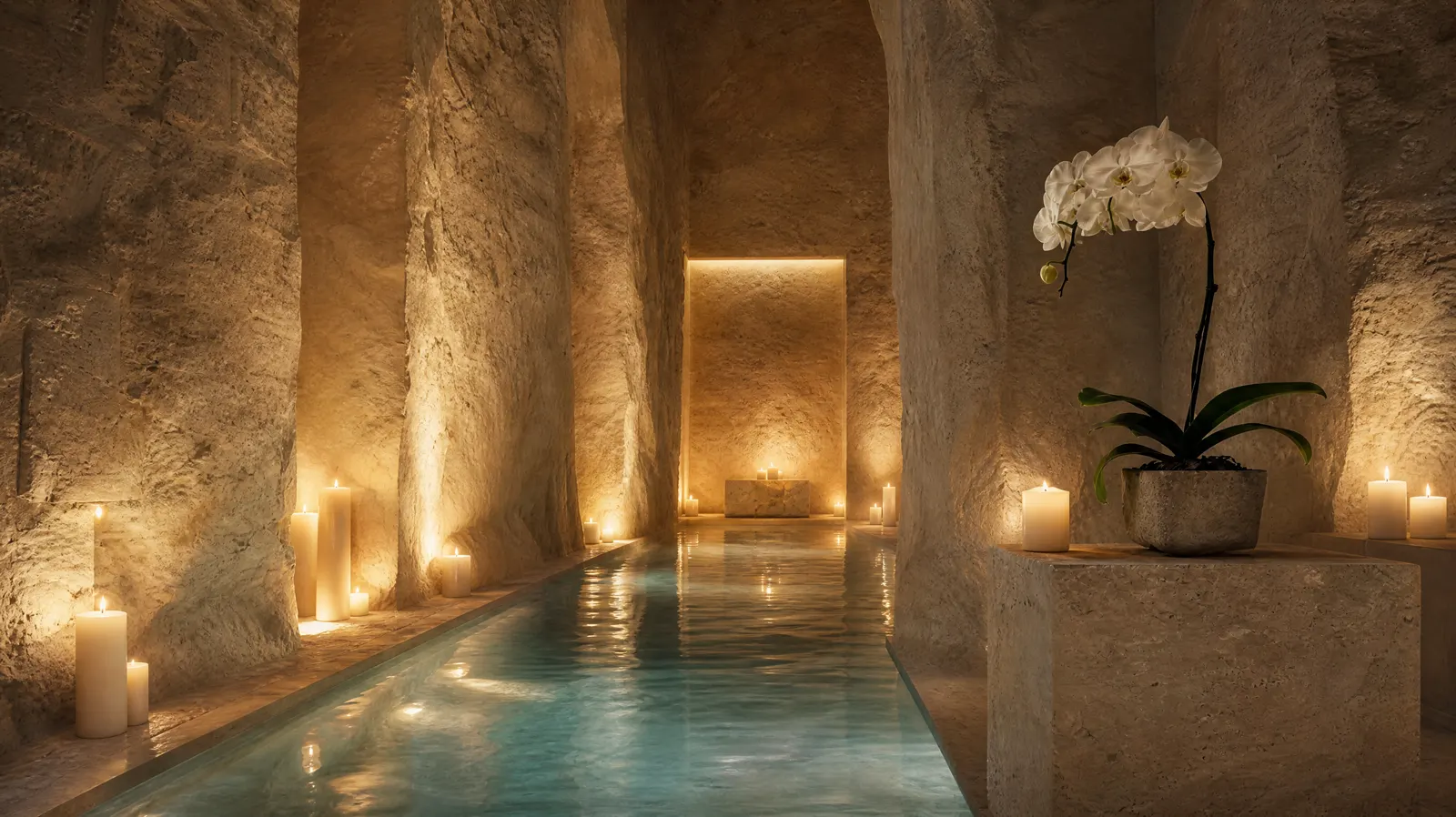 Candlelit thermal water.