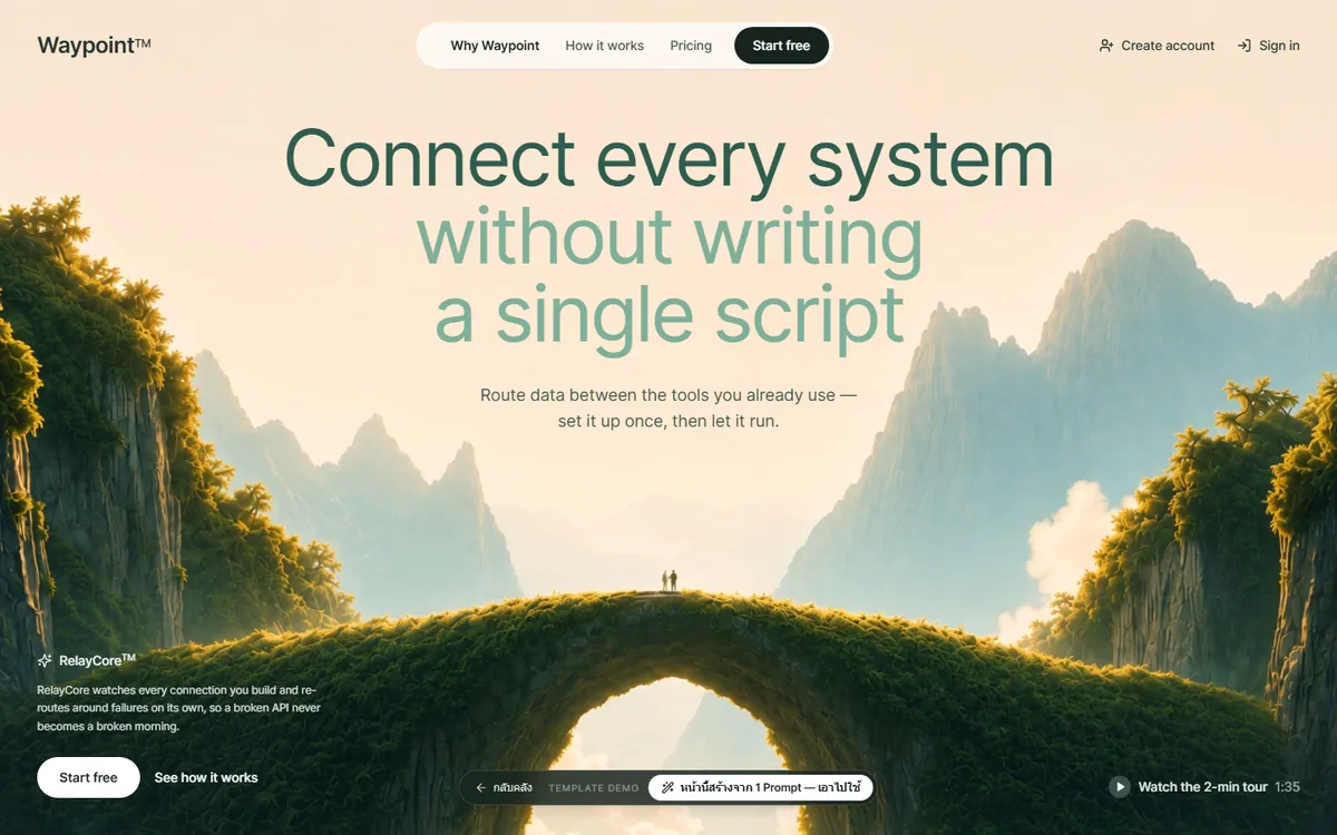 Waypoint — พื้นหลังวิดีโอแบบ boomerang เล่นหน้า-ถอยหลัง + เมนูมือถือแบบ drawer